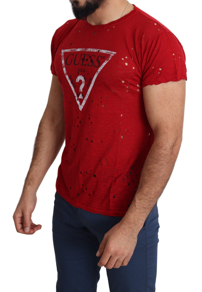 Guess Red Cotton Logo Print Men Casual Top Perforated T-shirt - Luxe & Glitz