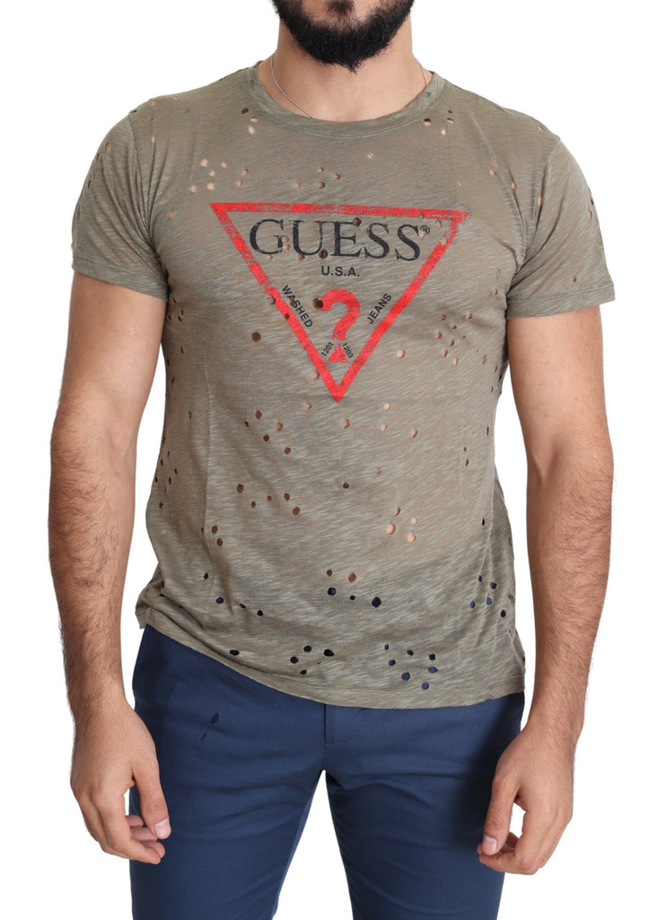 Guess Brown Cotton Stretch Logo Print Men Casual Perforated T-shirt - Luxe & Glitz