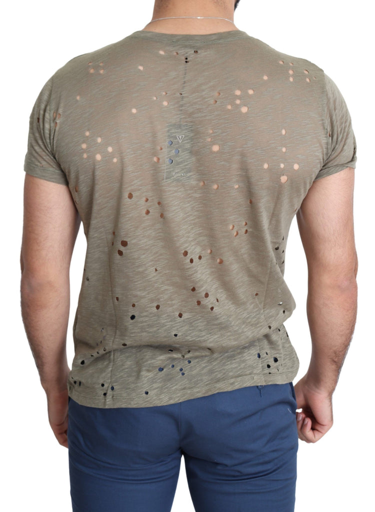 Guess Brown Cotton Stretch Logo Print Men Casual Perforated T-shirt - Luxe & Glitz
