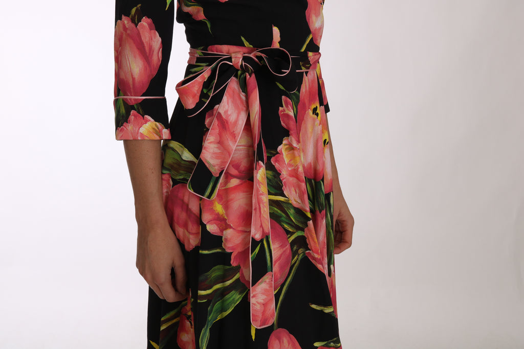 Dolce & Gabbana Black Pink Tulip Print Stretch Shift Dress - Luxe & Glitz