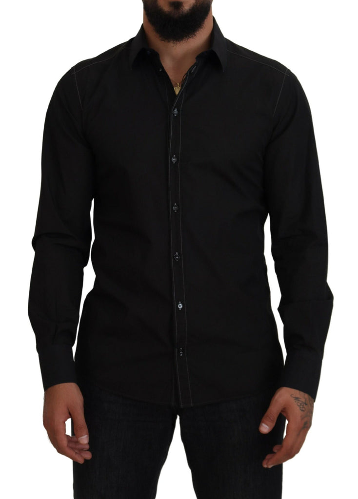 Dolce & Gabbana Black Cotton Collared Long Sleeve GOLD Shirt Dolce & Gabbana