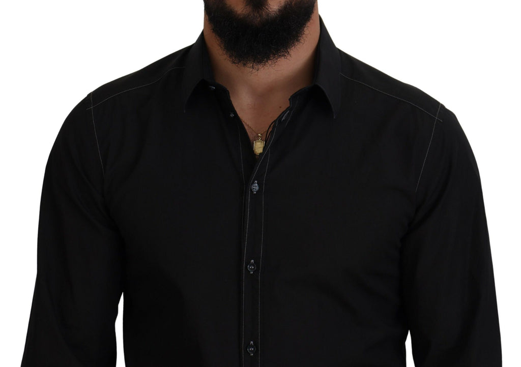 Dolce & Gabbana Black Cotton Collared Long Sleeve GOLD Shirt Dolce & Gabbana