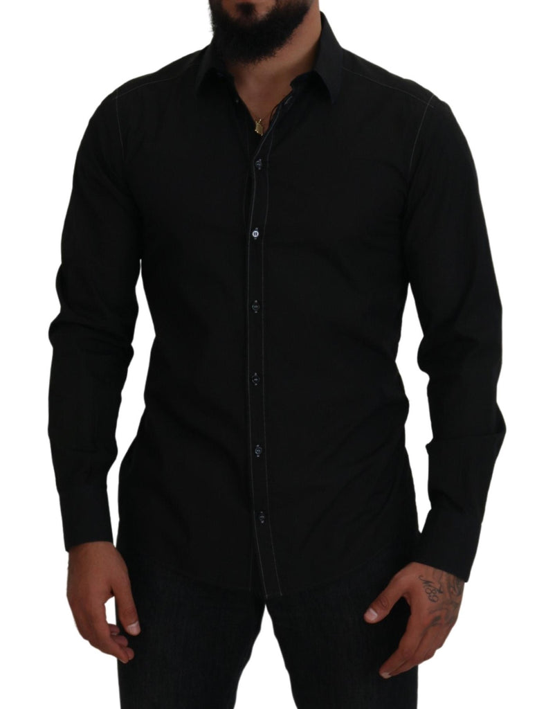 Dolce & Gabbana Black Cotton Collared Long Sleeve GOLD Shirt Dolce & Gabbana