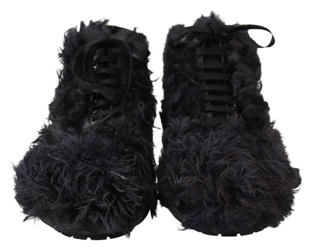 Dolce & Gabbana Black Leather Combat Shearling Boots Shoes Dolce & Gabbana