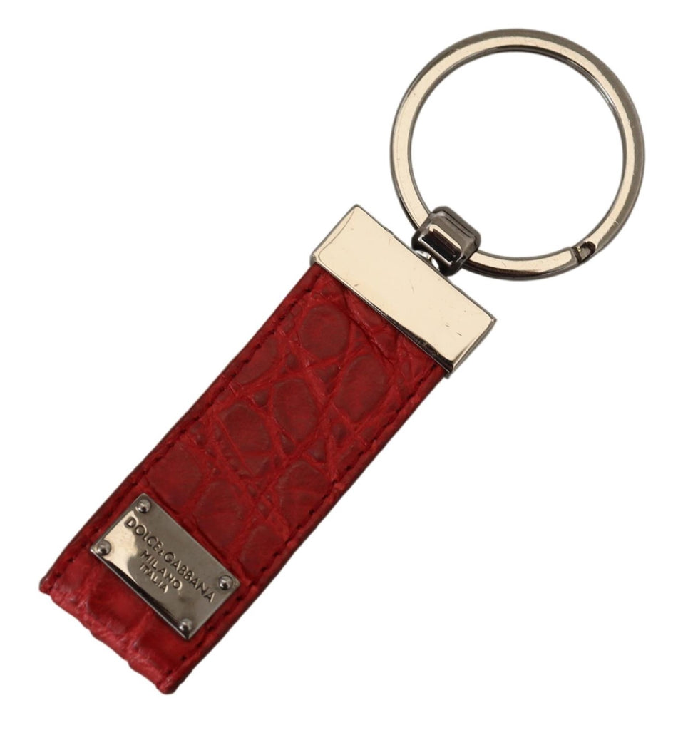 Dolce & Gabbana Red Leather Logo Plaque Silver Brass Keychain - Luxe & Glitz