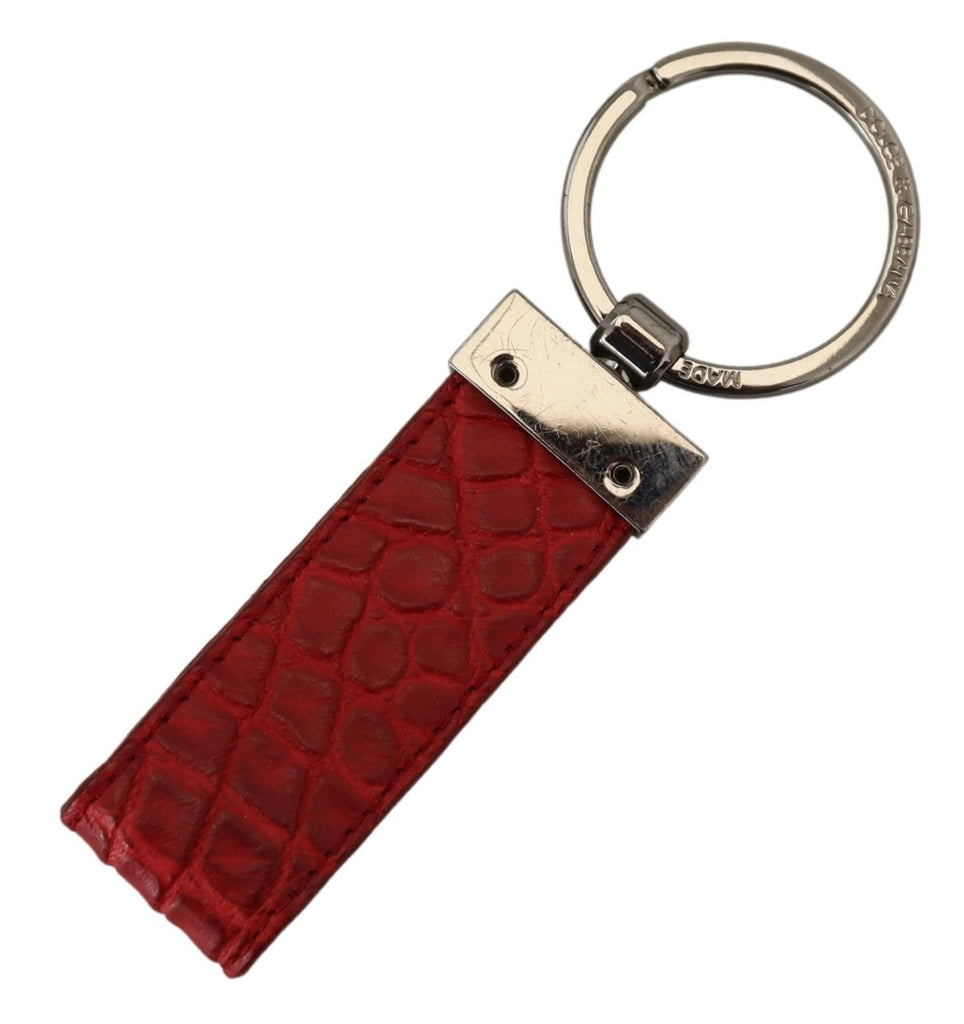 Dolce & Gabbana Red Leather Logo Plaque Silver Brass Keychain - Luxe & Glitz