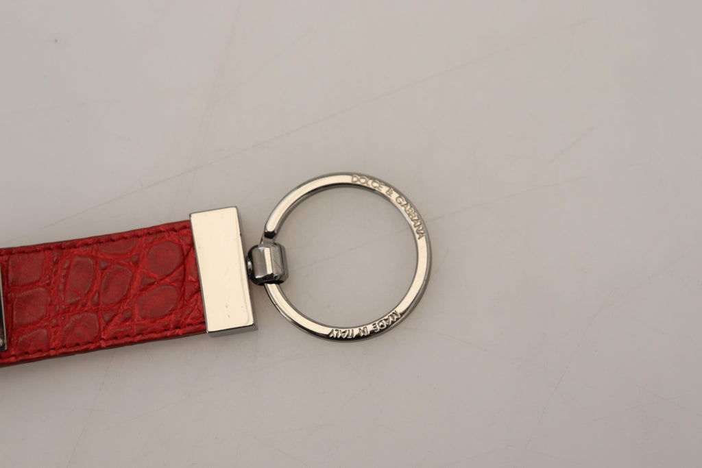 Dolce & Gabbana Red Leather Logo Plaque Silver Brass Keychain - Luxe & Glitz