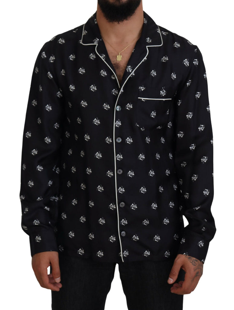 Dolce & Gabbana Black Printed Collared Men Long Sleeve Pajama Top Dolce & Gabbana