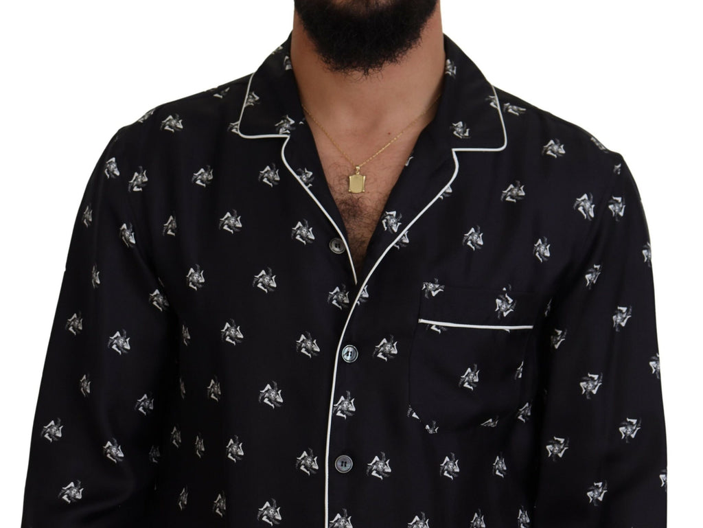 Dolce & Gabbana Black Printed Collared Men Long Sleeve Pajama Top Dolce & Gabbana