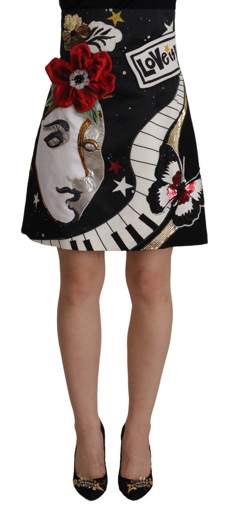 Dolce & Gabbana Black Love Clock Sequined Piano Skirt Dolce & Gabbana
