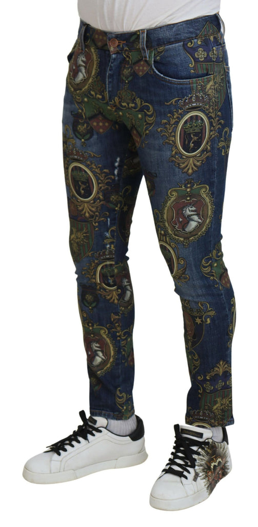 Dolce & Gabbana Blue Heraldic Print Cotton Skinny Denim Jeans Dolce & Gabbana