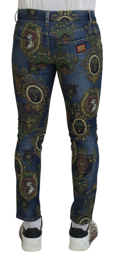 Dolce & Gabbana Blue Heraldic Print Cotton Skinny Denim Jeans Dolce & Gabbana