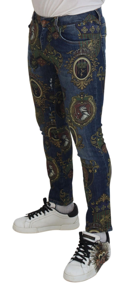 Dolce & Gabbana Blue Heraldic Print Cotton Skinny Denim Jeans Dolce & Gabbana