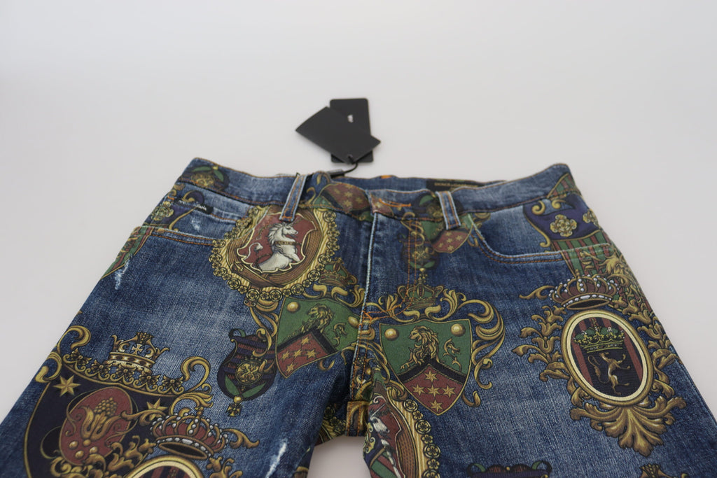 Dolce & Gabbana Blue Heraldic Print Cotton Skinny Denim Jeans Dolce & Gabbana