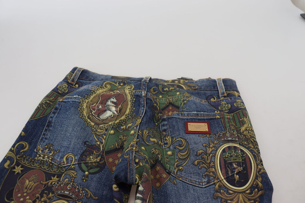 Dolce & Gabbana Blue Heraldic Print Cotton Skinny Denim Jeans Dolce & Gabbana