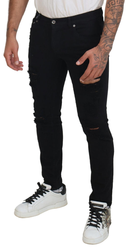 Dolce & Gabbana Black Slim Fit Tattered Denim Cotton Jeans Dolce & Gabbana