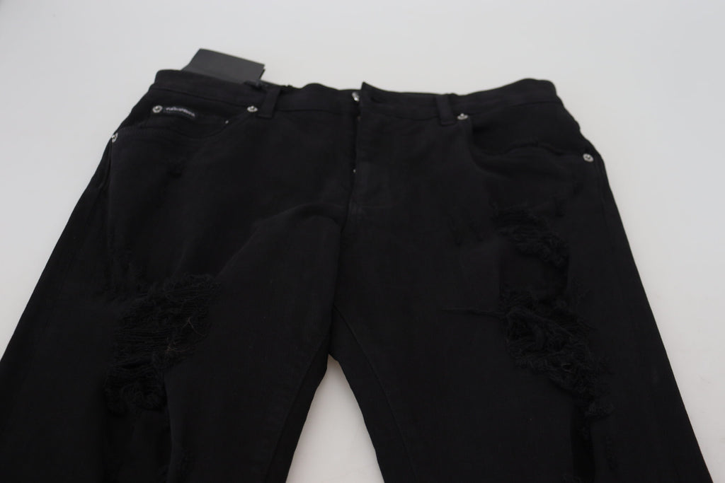 Dolce & Gabbana Black Slim Fit Tattered Denim Cotton Jeans Dolce & Gabbana