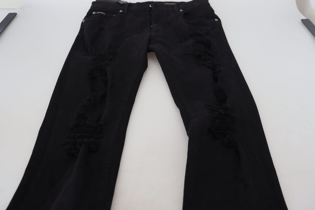 Dolce & Gabbana Black Slim Fit Tattered Denim Cotton Jeans Dolce & Gabbana