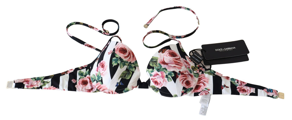 Dolce & Gabbana Multicolor Striped Rose Print Swimwear Bikini Tops - Luxe & Glitz