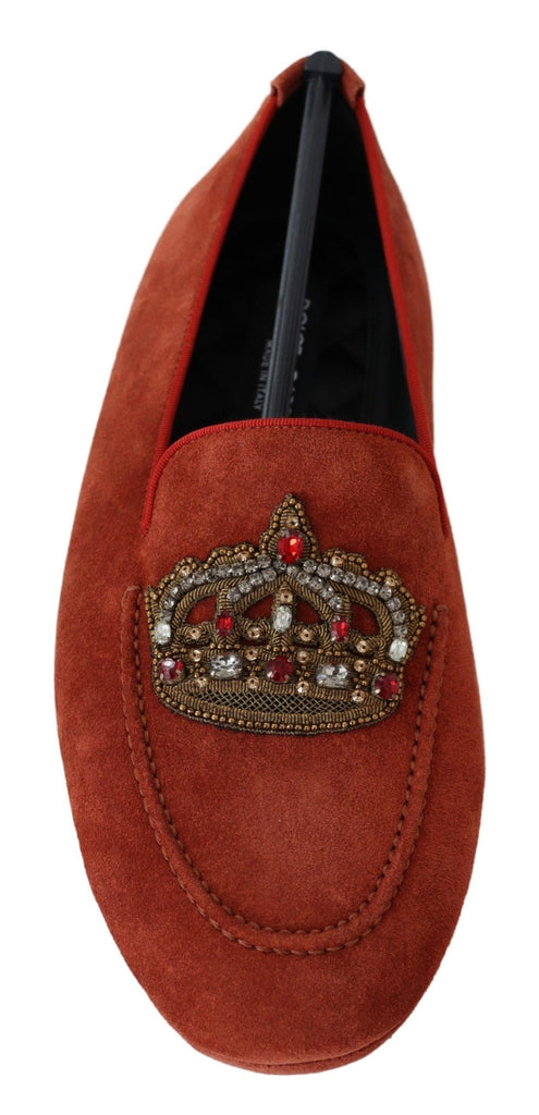 Dolce & Gabbana Orange Leather Crystal Crown  Loafers Shoes Dolce & Gabbana