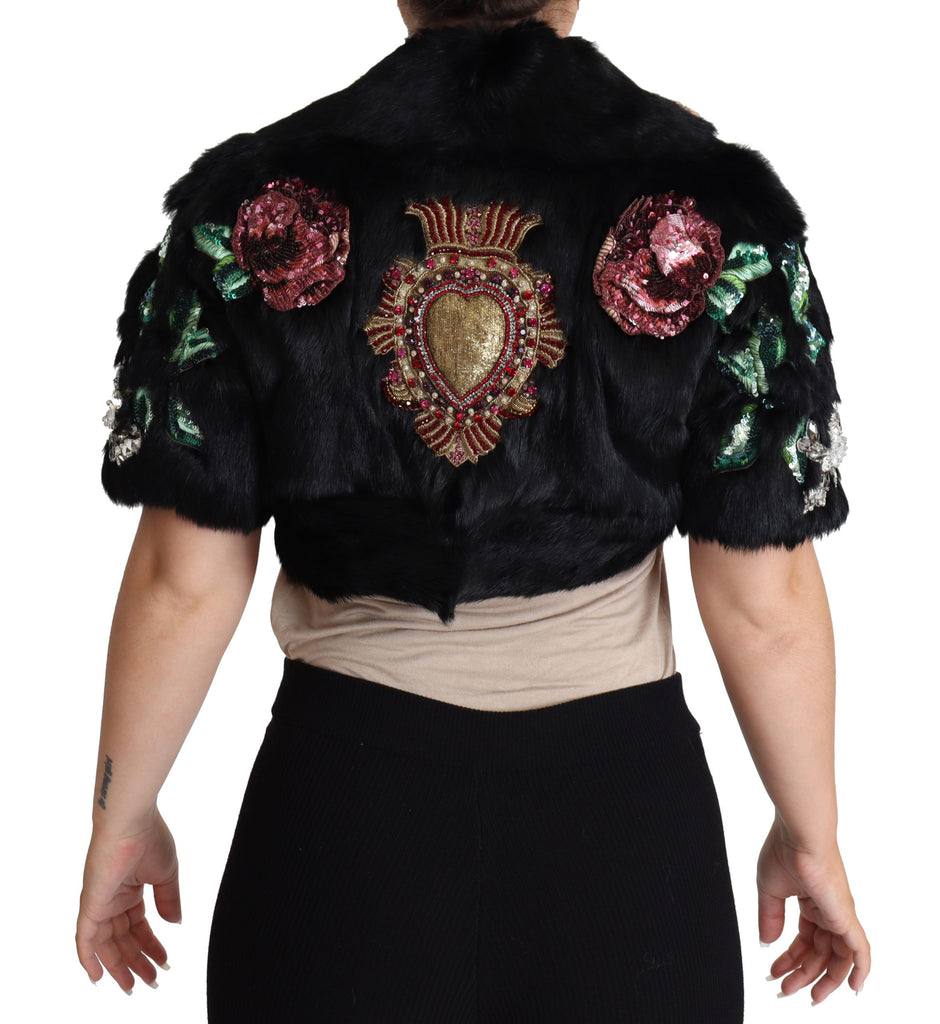 Dolce & Gabbana Black Rabbit Fur Crystals Sequin Coat - Luxe & Glitz