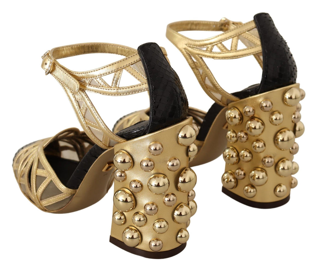 Dolce & Gabbana Black Gold Leather Studded Ankle Straps Shoes Dolce & Gabbana
