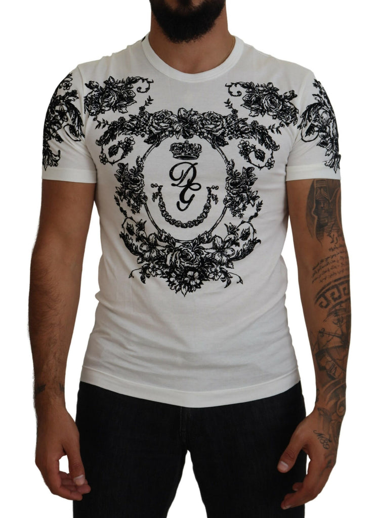 Dolce & Gabbana White DG Crown Floral Crewneck Men T-shirt Dolce & Gabbana