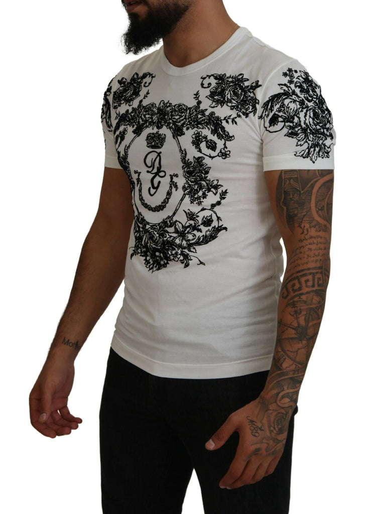 Dolce & Gabbana White DG Crown Floral Crewneck Men T-shirt Dolce & Gabbana