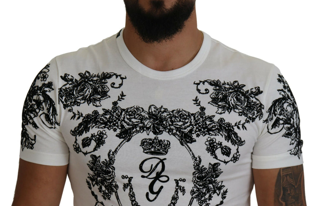 Dolce & Gabbana White DG Crown Floral Crewneck Men T-shirt Dolce & Gabbana