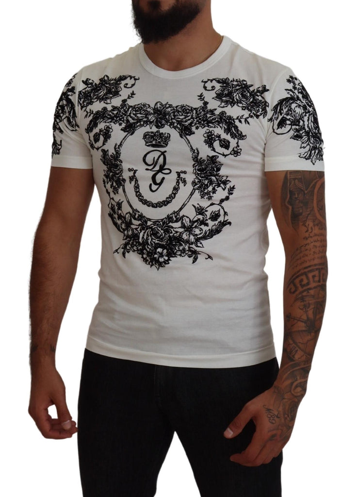 Dolce & Gabbana White DG Crown Floral Crewneck Men T-shirt Dolce & Gabbana