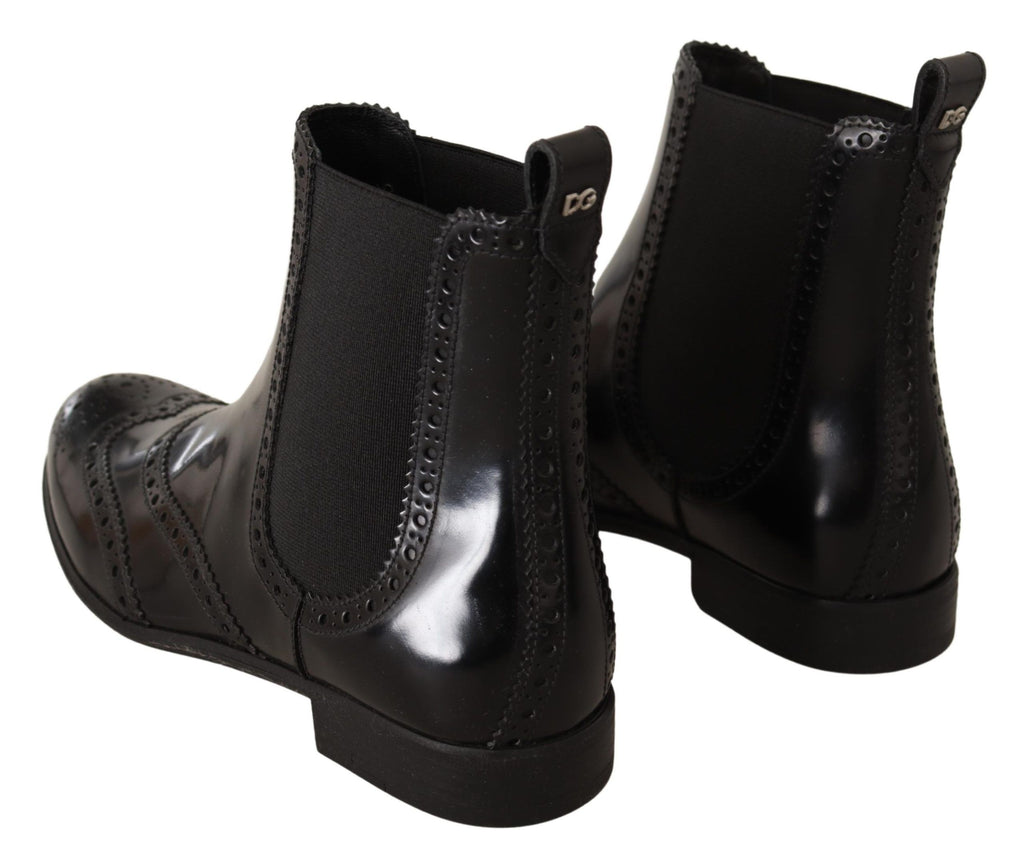 Dolce & Gabbana Black Leather Ankle High Flat Boots Shoes Dolce & Gabbana