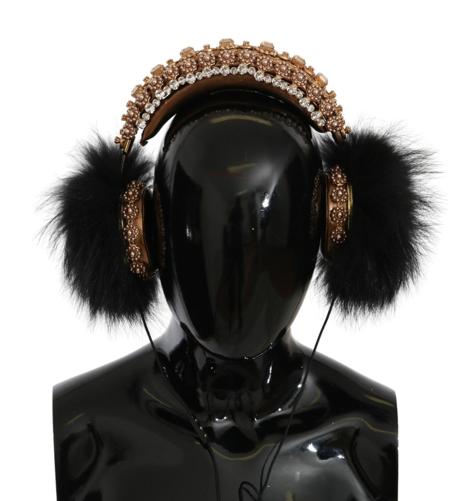 Dolce & Gabbana Gold Black Crystal Fur Headset Audio Headphones - Luxe & Glitz