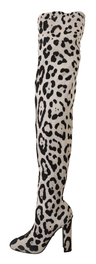 Dolce & Gabbana White Black Leopard Stretch Long Boots Dolce & Gabbana