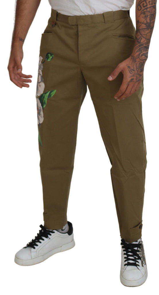 Dolce & Gabbana Beige Cotton Stretch Floral Chinos Pants Dolce & Gabbana