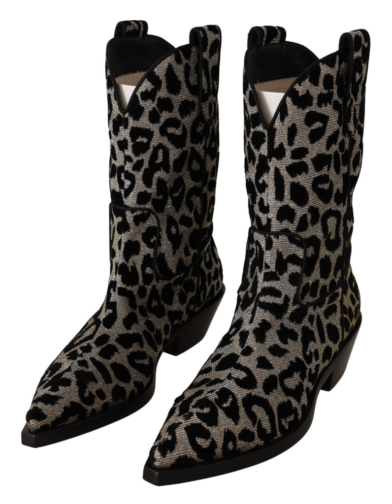 Dolce & Gabbana Gray Black Leopard Cowboy Boots Shoes Dolce & Gabbana
