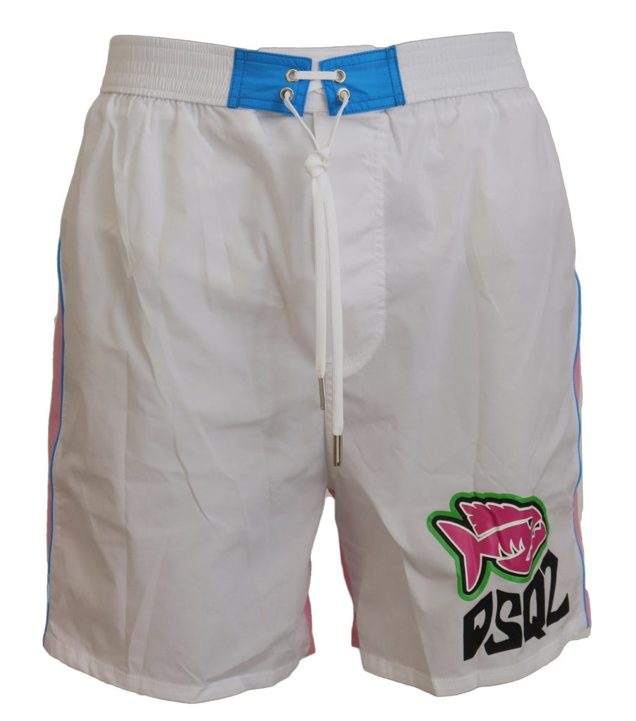 Dsquared² White Pink Logo Print Men Beachwear Shorts Swimwear Dsquared²