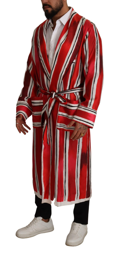 Dolce & Gabbana Red White Striped Silk Mens Night Gown Robe Dolce & Gabbana