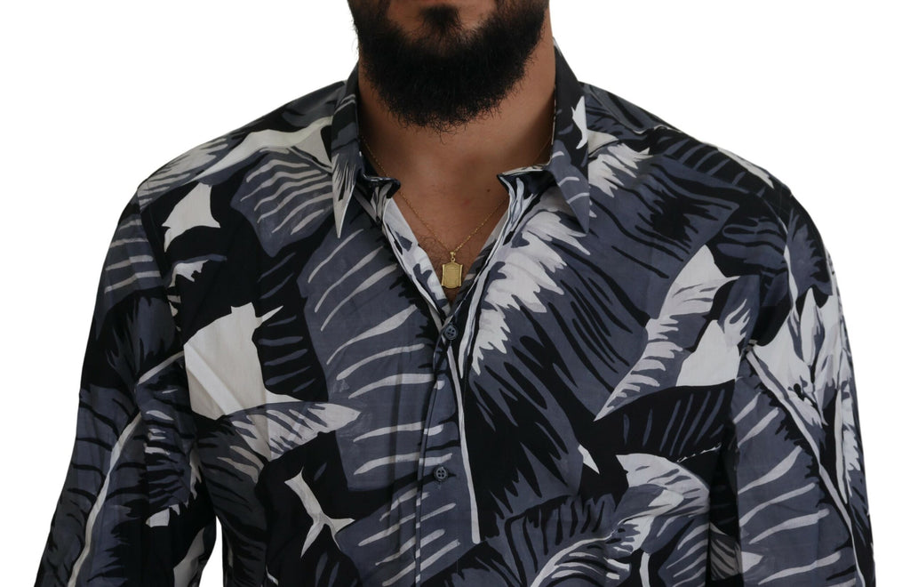 Dolce & Gabbana Gray Blue Banana Leaf Slim Fit Shirt Dolce & Gabbana