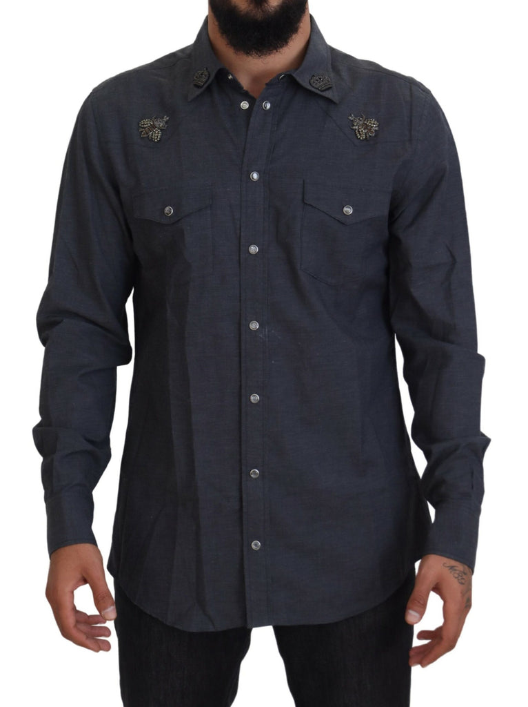 Dolce & Gabbana Blue Cotton Denim Crystal Bee Shirt Dolce & Gabbana