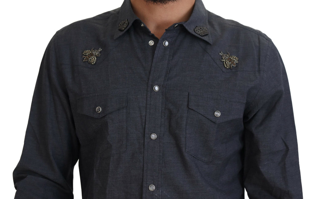 Dolce & Gabbana Blue Cotton Denim Crystal Bee Shirt Dolce & Gabbana