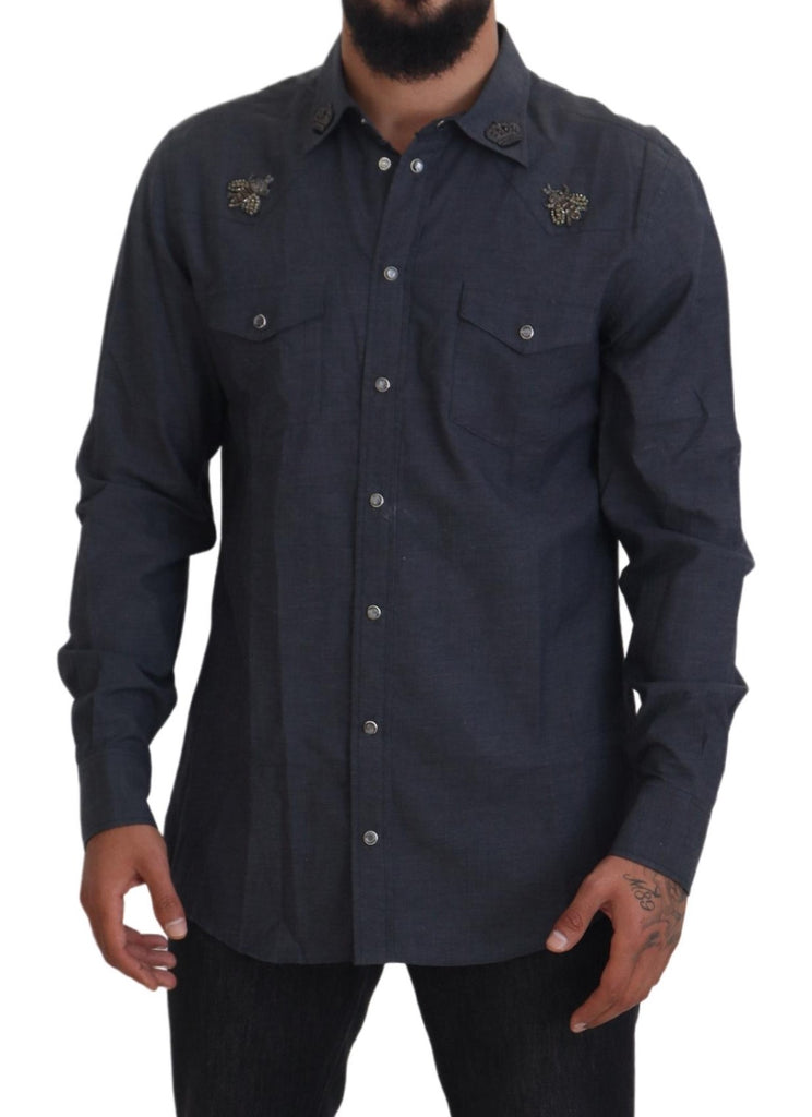 Dolce & Gabbana Blue Cotton Denim Crystal Bee Shirt Dolce & Gabbana