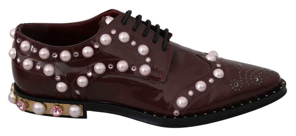 Dolce & Gabbana Bordeaux Leather Crystal Pearls Formal Shoes Dolce & Gabbana