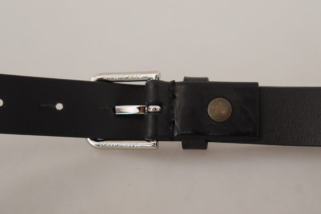 Dolce & Gabbana Black Calf Leather Silver Tone Logo Metal Buckle Belt Dolce & Gabbana