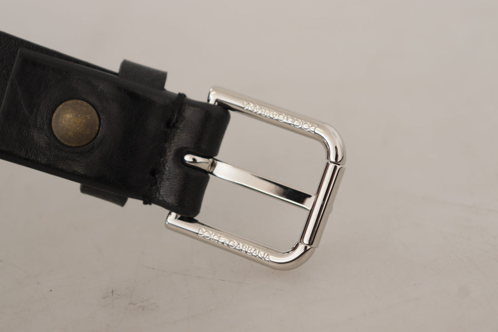 Dolce & Gabbana Black Calf Leather Silver Tone Logo Metal Buckle Belt Dolce & Gabbana