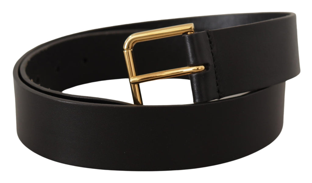 Dolce & Gabbana Black Calf Leather Gold Tone Logo Metal Buckle Belt - Luxe & Glitz