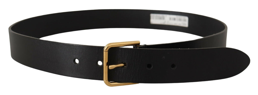 Dolce & Gabbana Black Calf Leather Gold Tone Logo Metal Buckle Belt - Luxe & Glitz