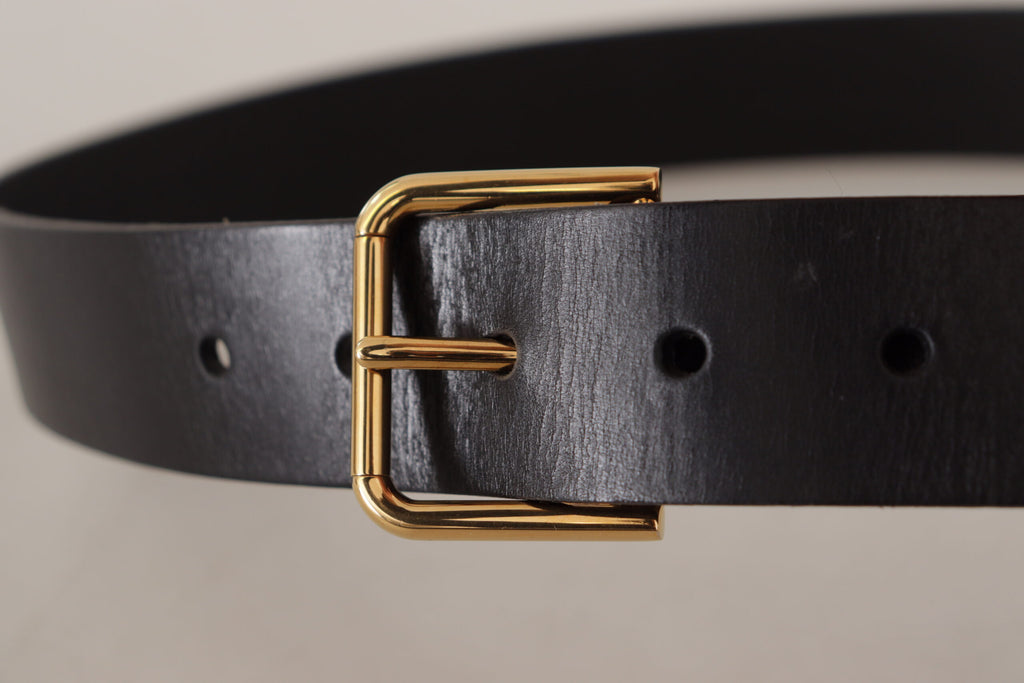 Dolce & Gabbana Black Calf Leather Gold Tone Logo Metal Buckle Belt - Luxe & Glitz