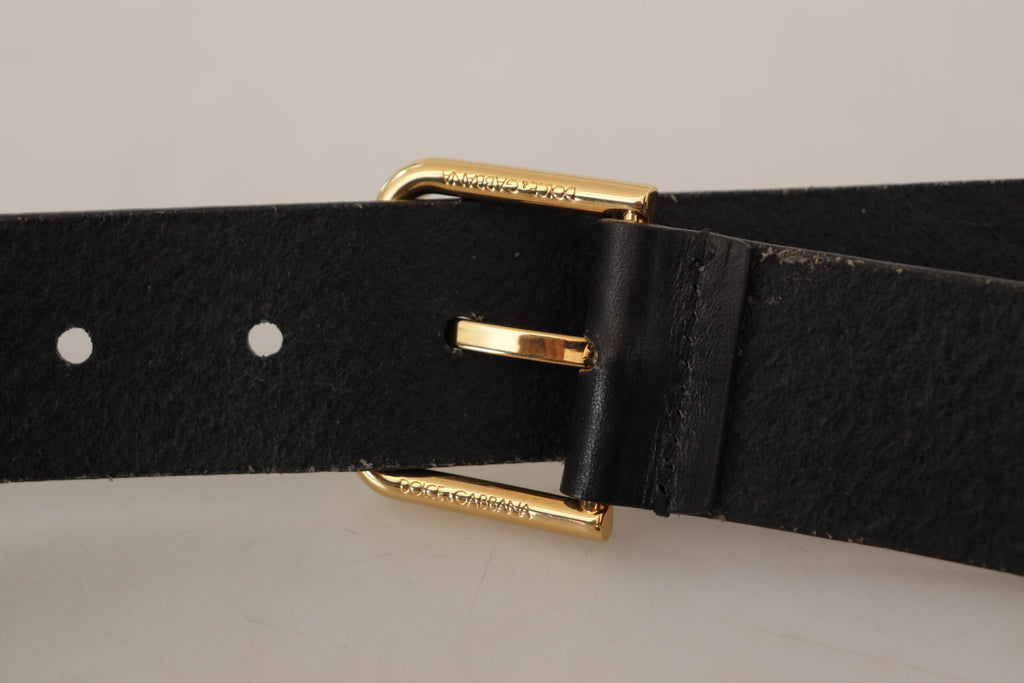 Dolce & Gabbana Black Calf Leather Gold Tone Logo Metal Buckle Belt - Luxe & Glitz