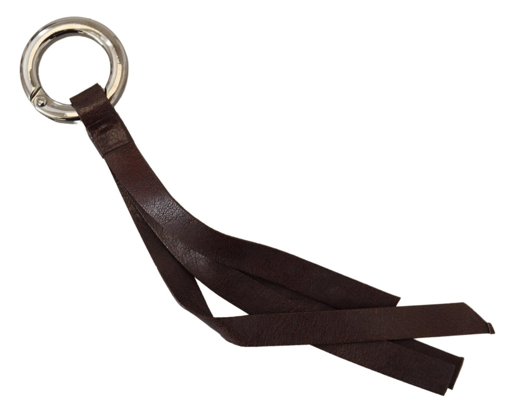 Costume National Brown Leather Silver Tone Metal Keyring Keychain - Luxe & Glitz