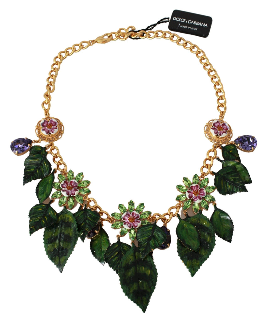 Dolce & Gabbana Floral Crystal Charm Gold Brass Statement Necklace Dolce & Gabbana